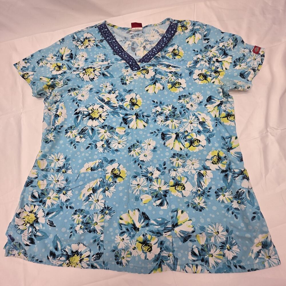 Dickies Scrubs Top Womens Medium Blue Floral Print V Neck Medical Nurse Uniform